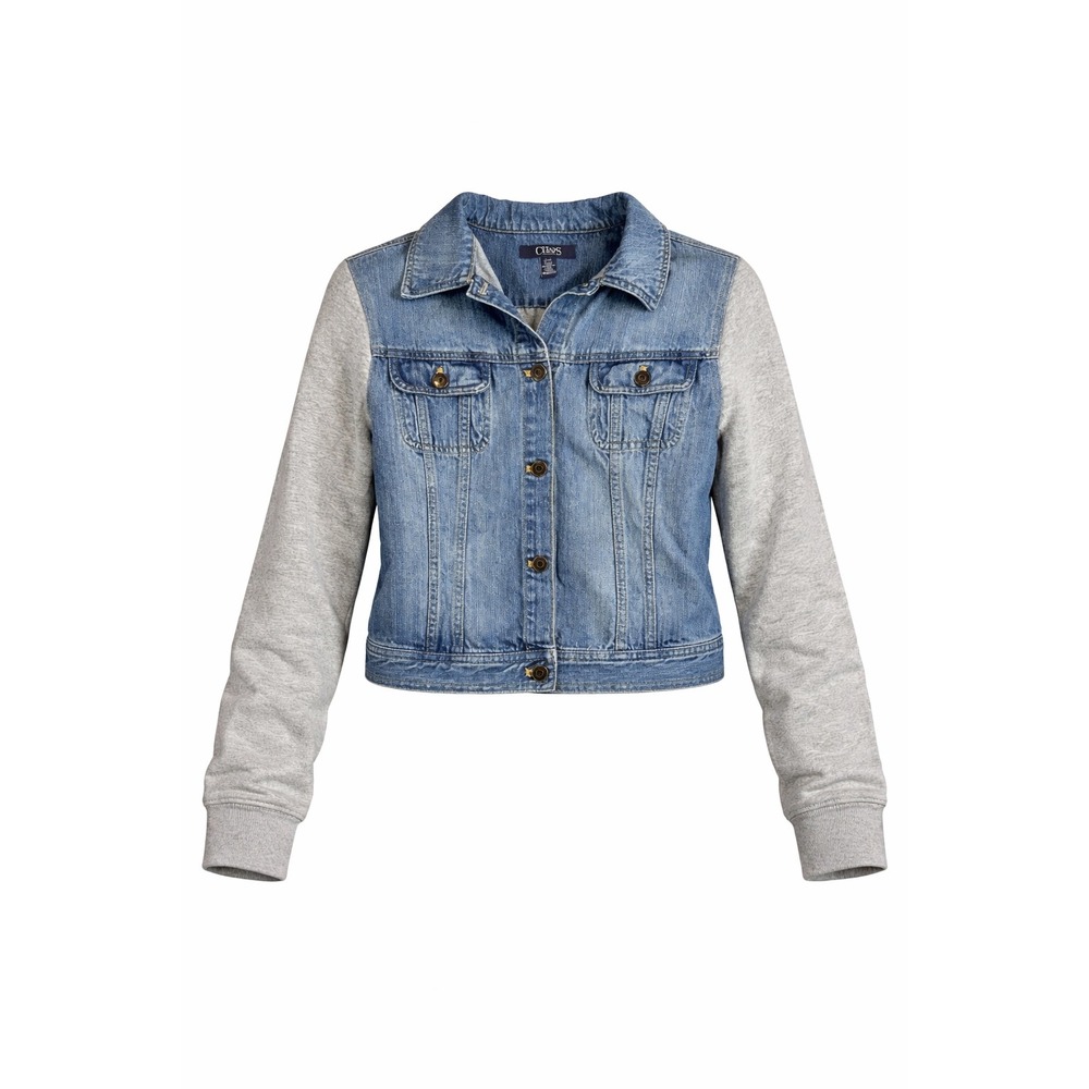 Chaps‎ Denim Jacket Sweatshirt Sleeves Blue Gray Button Front Women's Large